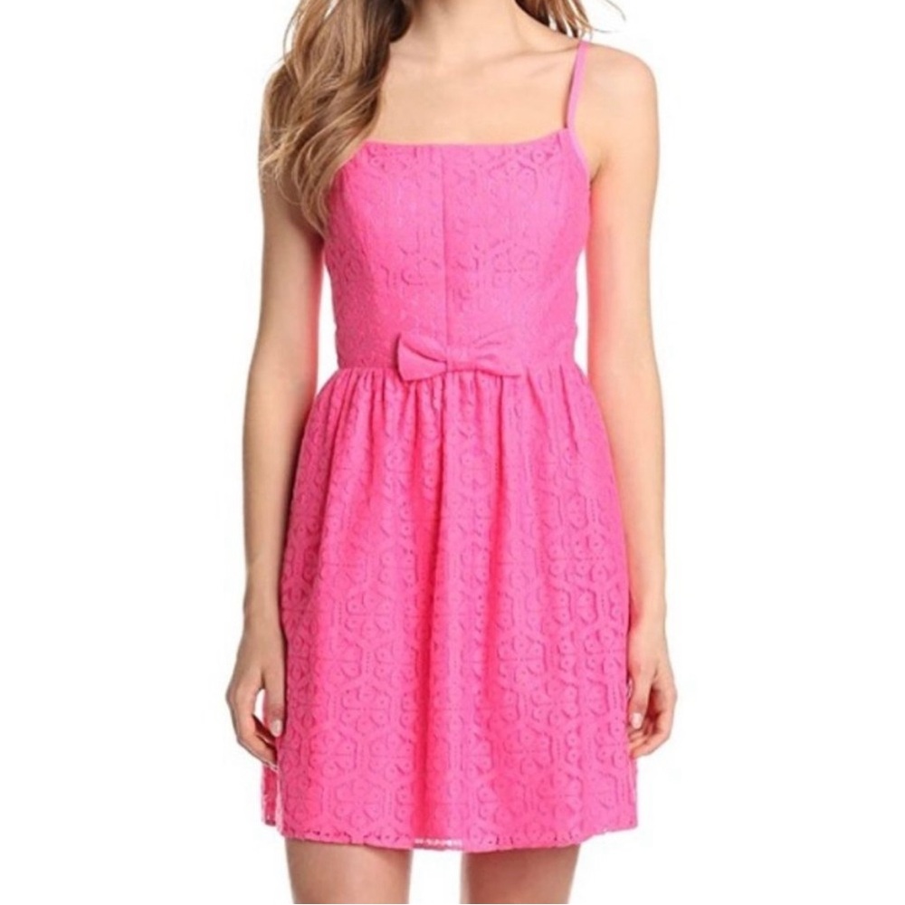Lilly Pulitzer Antonia Pink Lace Dress - Daisy Lane Lace Firsta Pink